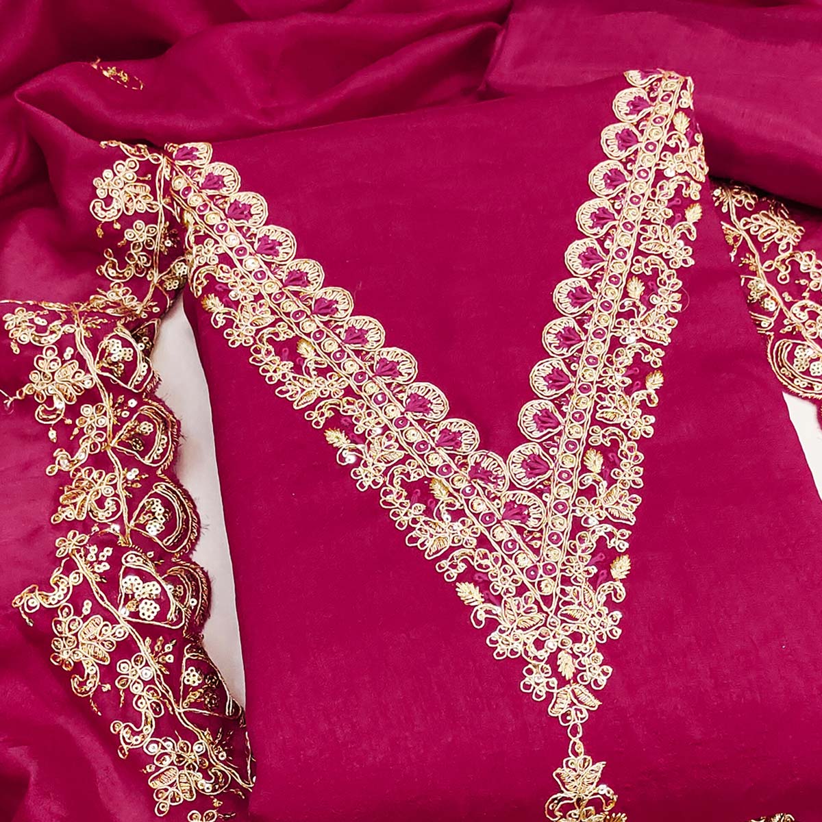 Pink Vichitra Silk Dress Material Adorned With Floral Cording Embroidery & Sparkling Sequins Work