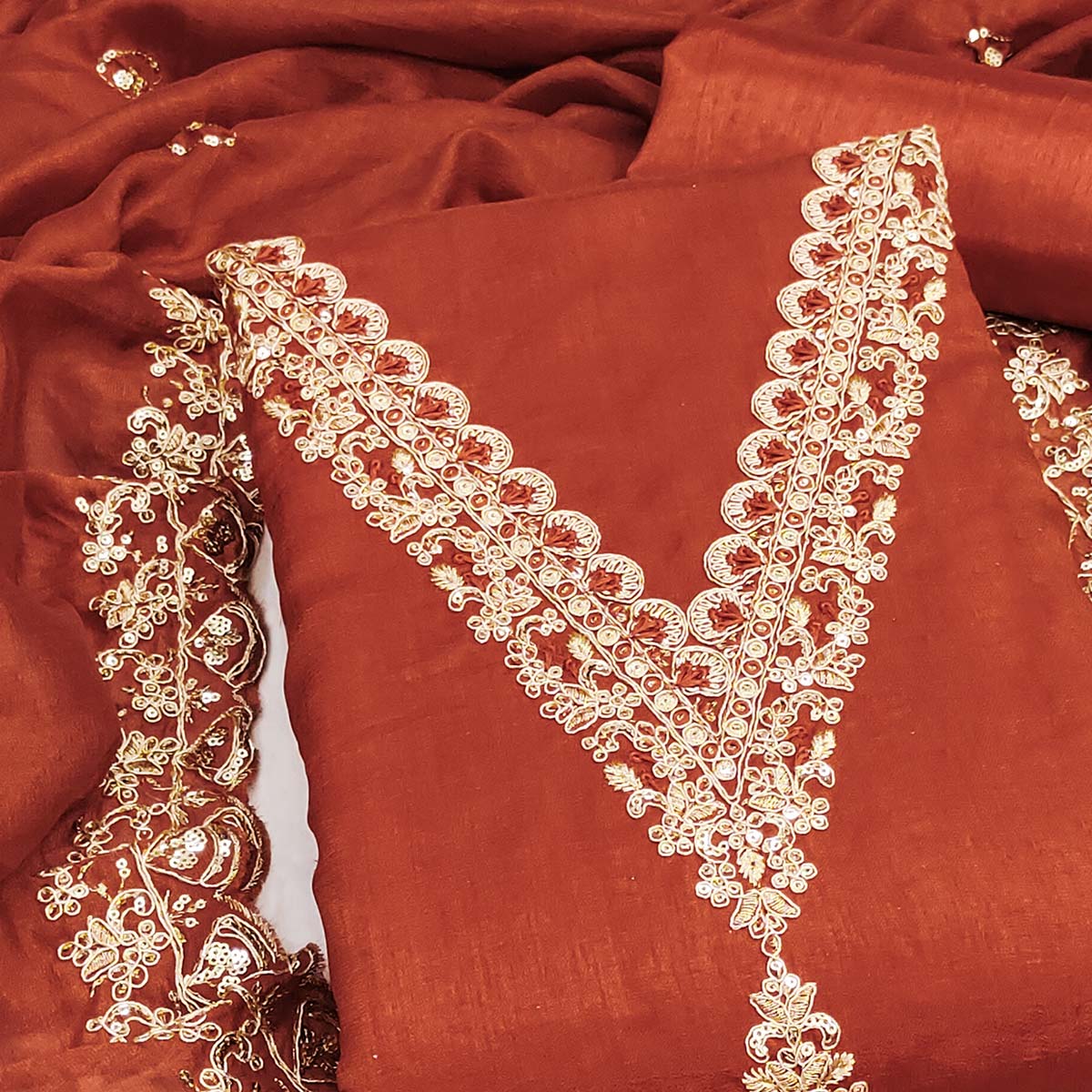 Rust Vichitra Silk Dress Material Adorned With Floral Cording Embroidery & Sparkling Sequins Work