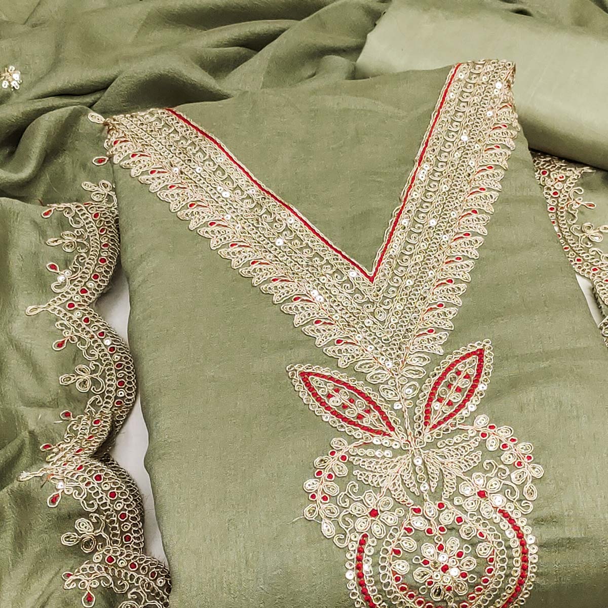 Green Floral Embroidered Vichitra Silk Dress Material Enhanced With Detailed Cording & Sequins Work