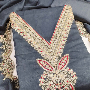 Grey Floral Embroidered Vichitra Silk Dress Material Enhanced With Detailed Cording & Sequins Work