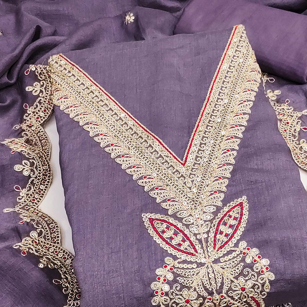 Purple Floral Embroidered Vichitra Silk Dress Material Enhanced With Detailed Cording & Sequins Work