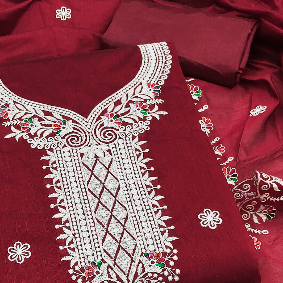 Maroon Cambric Cotton Dress Material With Elegant Floral Embroidery Work