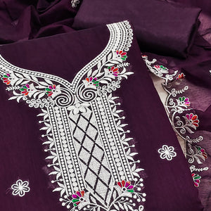 Wine Cambric Cotton Dress Material With Elegant Floral Embroidery Work