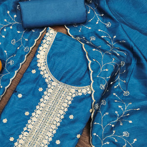 Blue Cotton Silk Unstitched Dress Material Featuring Delicate Jalpari Embroidery