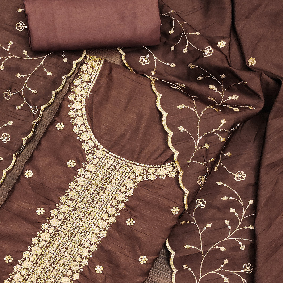 Brown Cotton Silk Unstitched Dress Material Featuring Delicate Jalpari Embroidery