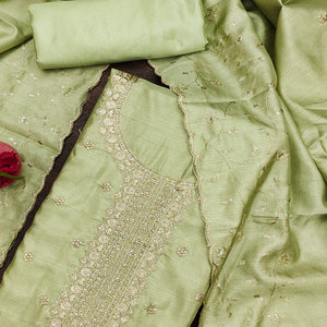 Light Green Cotton Silk Unstitched Dress Material Featuring Delicate Jalpari Embroidery