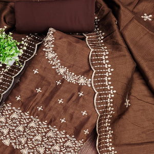 Brown Cotton Silk Dress Material with Traditional Jalpari Embroidery