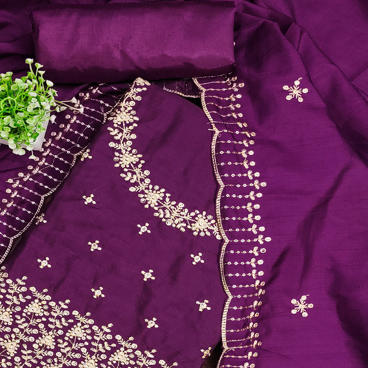 Purple Cotton Silk Dress Material with Traditional Jalpari Embroidery