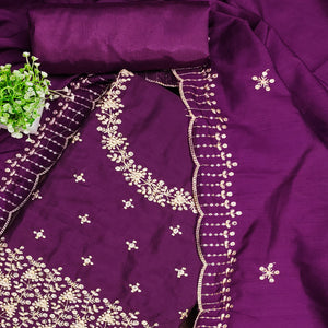 Purple Cotton Silk Dress Material with Traditional Jalpari Embroidery