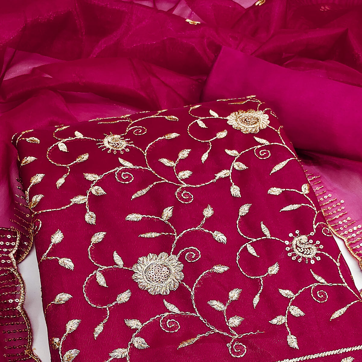 Pink Unstitched Suit Material with Fine Floral Embroidery on Sheer Twill Net