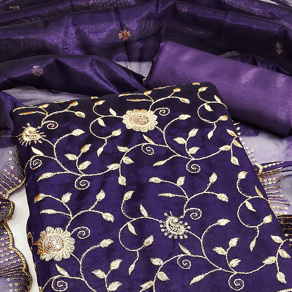 Royal Purple Unstitched Suit Material with Fine Floral Embroidery on Sheer Twill Net