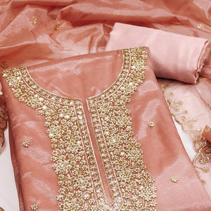 Peach Designer Suit Material in Sheer Twill Net with Thread Embroidered Patterns