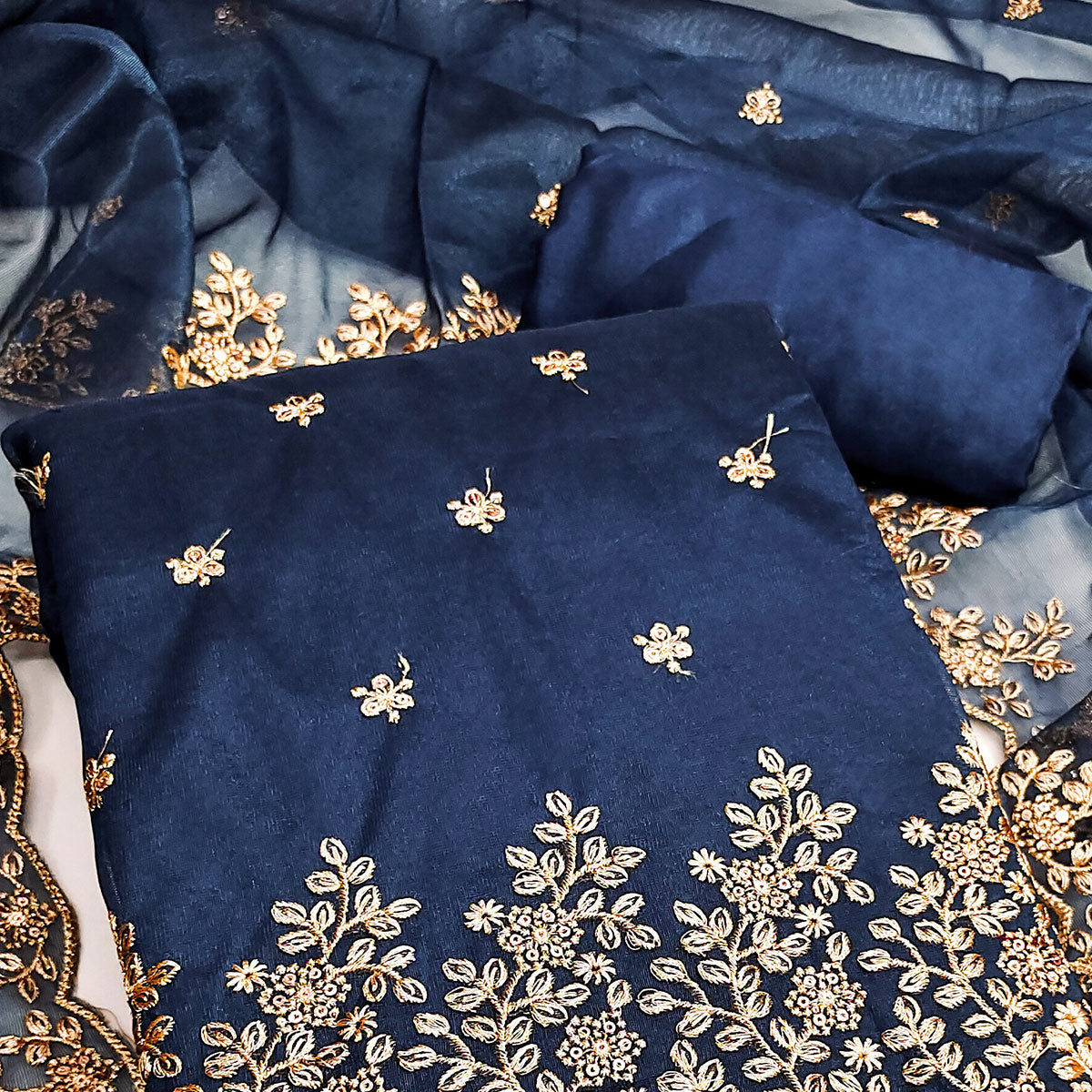 Blue Ethnic Twill Net Dress Material Embellished with Ornate Thread Embroidery