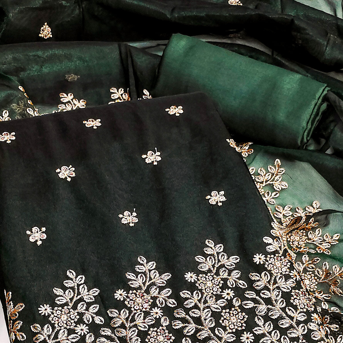 Bottle Green Ethnic Twill Net Dress Material Embellished with Ornate Thread Embroidery