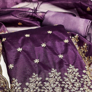 Deep Purple Ethnic Twill Net Dress Material Embellished with Ornate Thread Embroidery