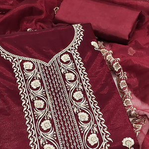 Maroon Delight Floral  Embroidered Twill Net Dress Material