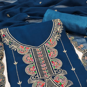 Blue Floral Embroidered Unstitched Suit Fabric in Flowing Georgette
