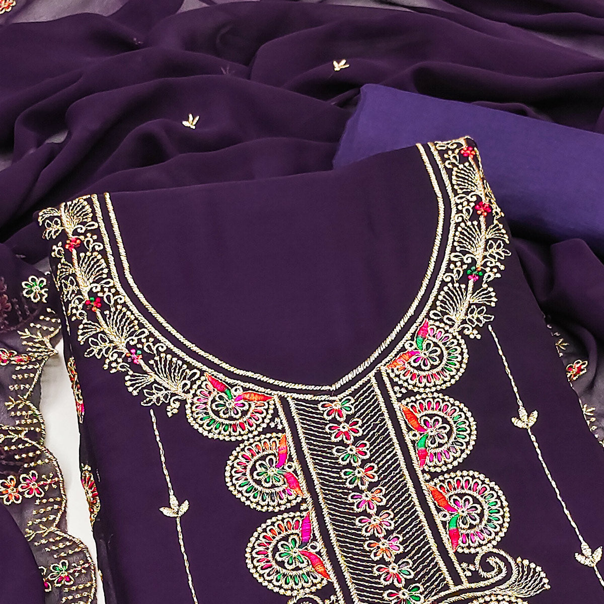Deep Purple Floral Embroidered Unstitched Suit Fabric in Flowing Georgette