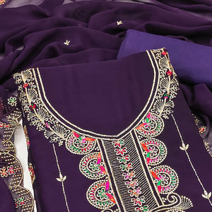 Deep Purple Floral Embroidered Unstitched Suit Fabric in Flowing Georgette