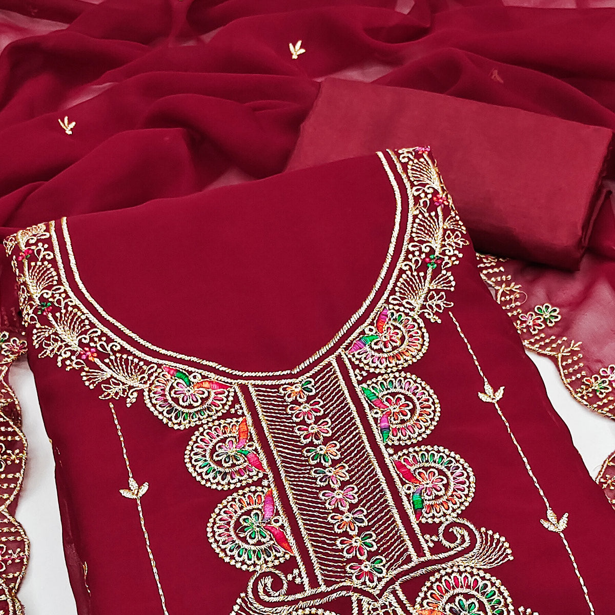 Maroon Floral Embroidered Unstitched Suit Fabric in Flowing Georgette