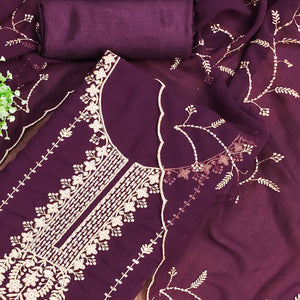 Wine Georgette Unstitched Dress Material Adorned with Ornate Thread Embroidery