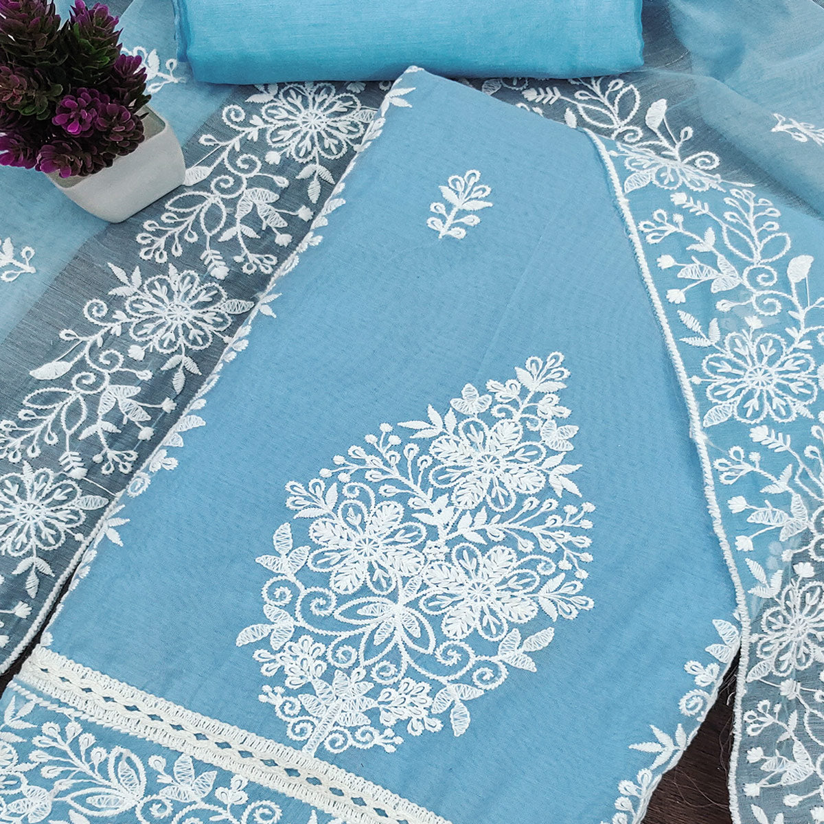 Sky Blue Chanderi Cotton Dress Material With Graceful Floral Thread Embroidery