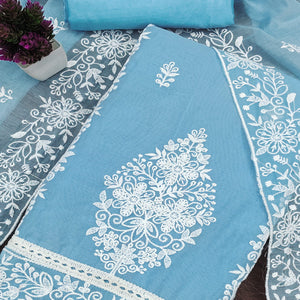 Sky Blue Chanderi Cotton Dress Material With Graceful Floral Thread Embroidery