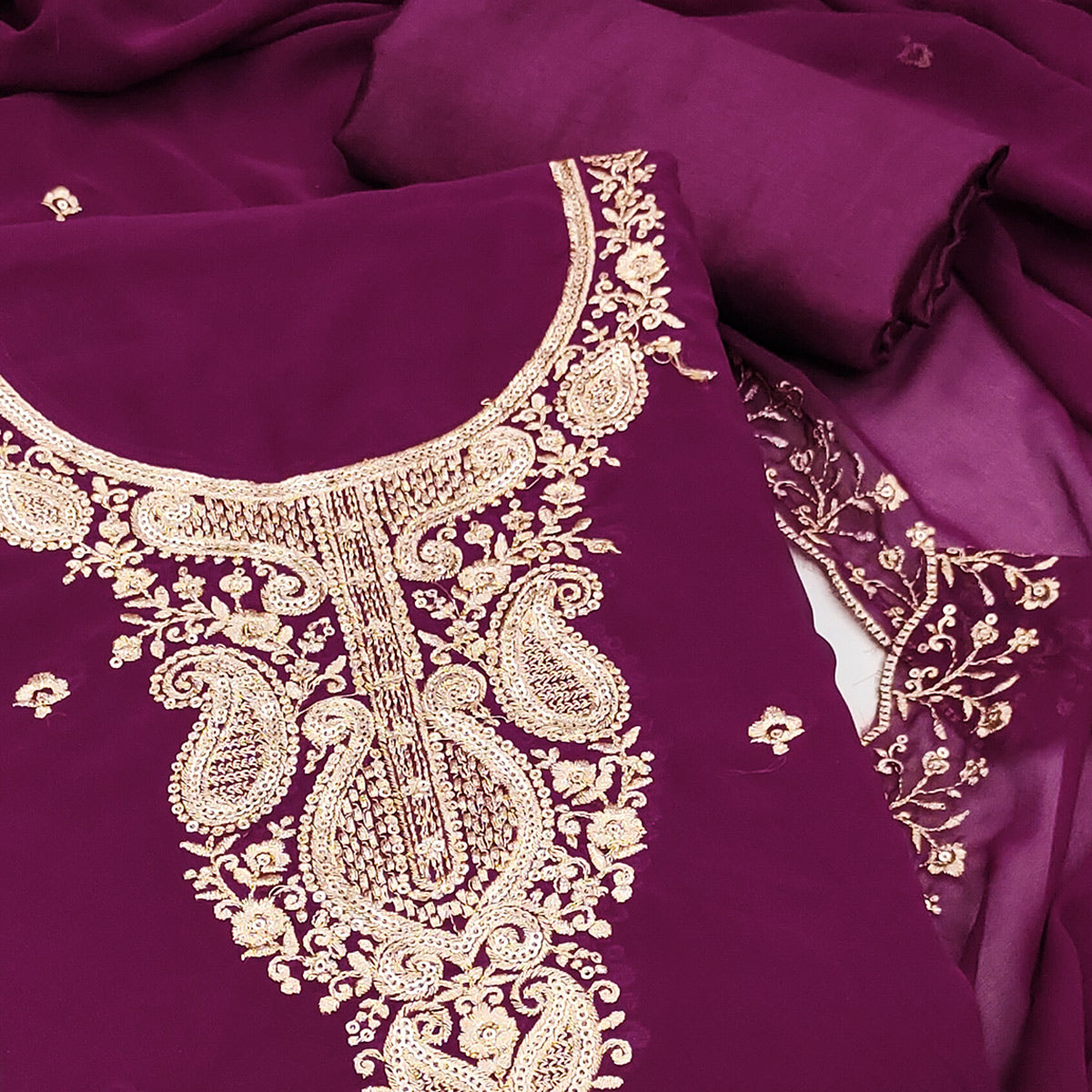 Wine Georgette Dress Material Accentuated With Delicate Floral Embroidery & Sequins Work