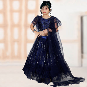 Navy Blue Embroidered Net Lehenga Choli For Kids