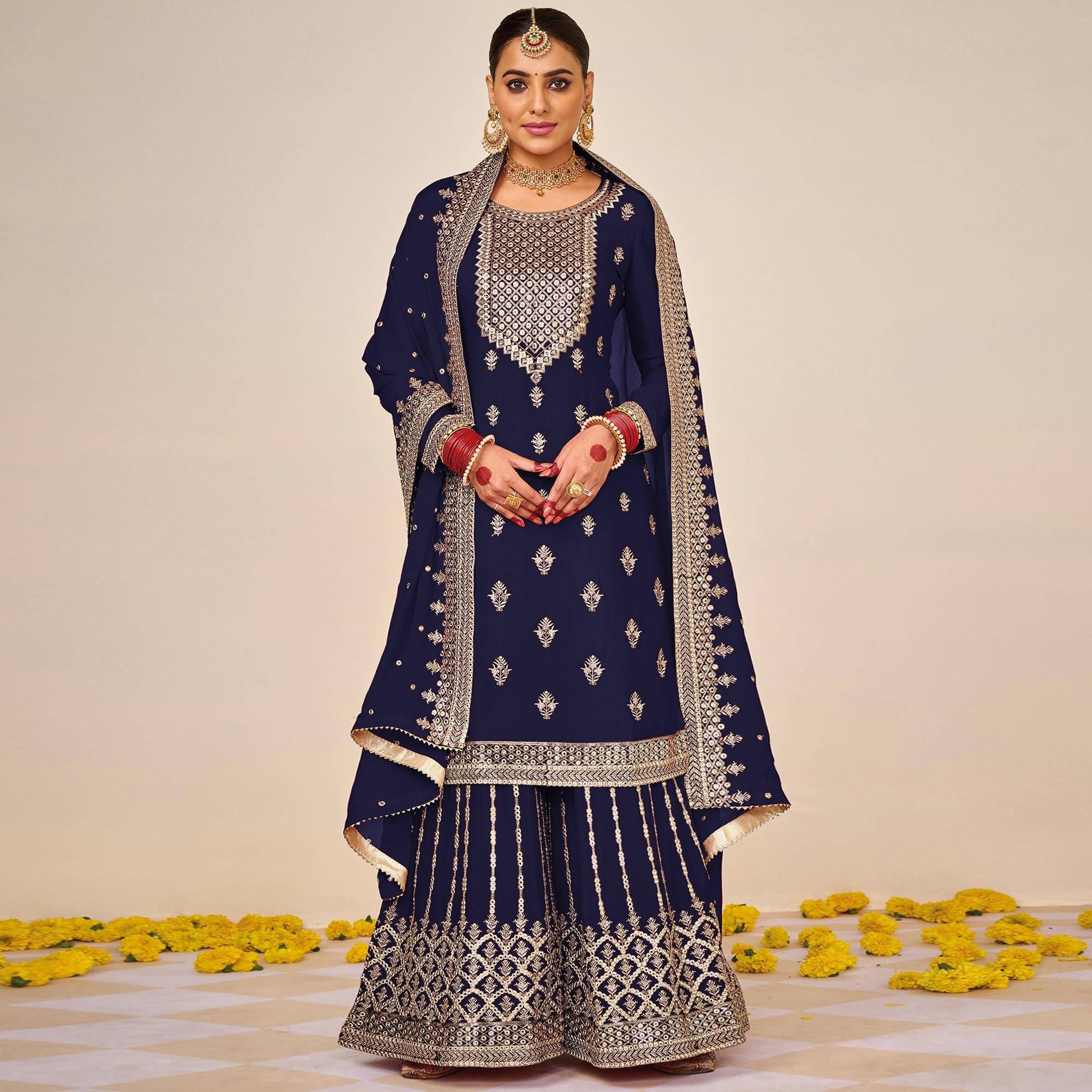 Blue Floral Embroidered Georgette Semi Stitched Dress Material