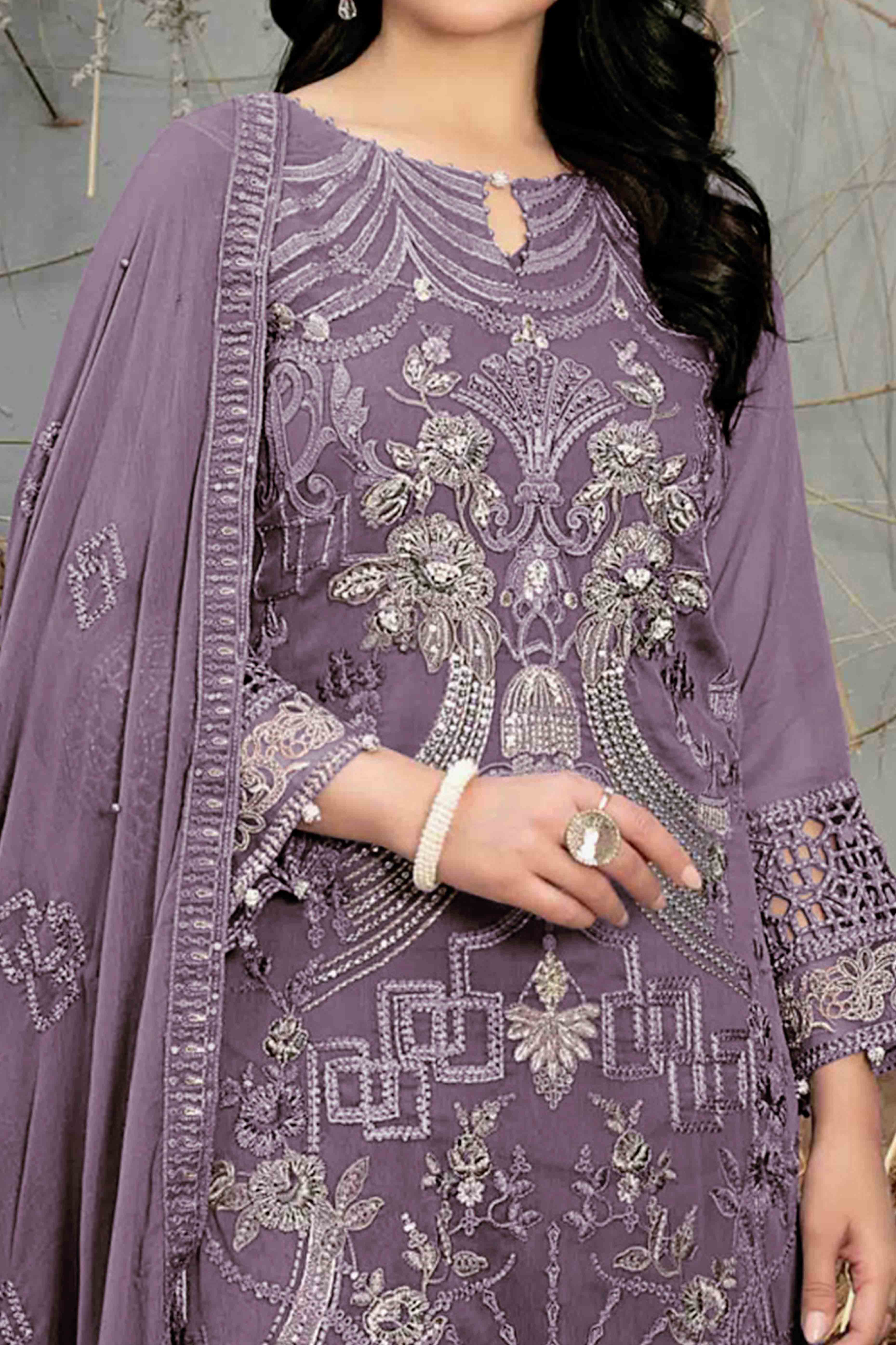 Dusty Purple Floral Embroidered Heavy Georgette Dress Material