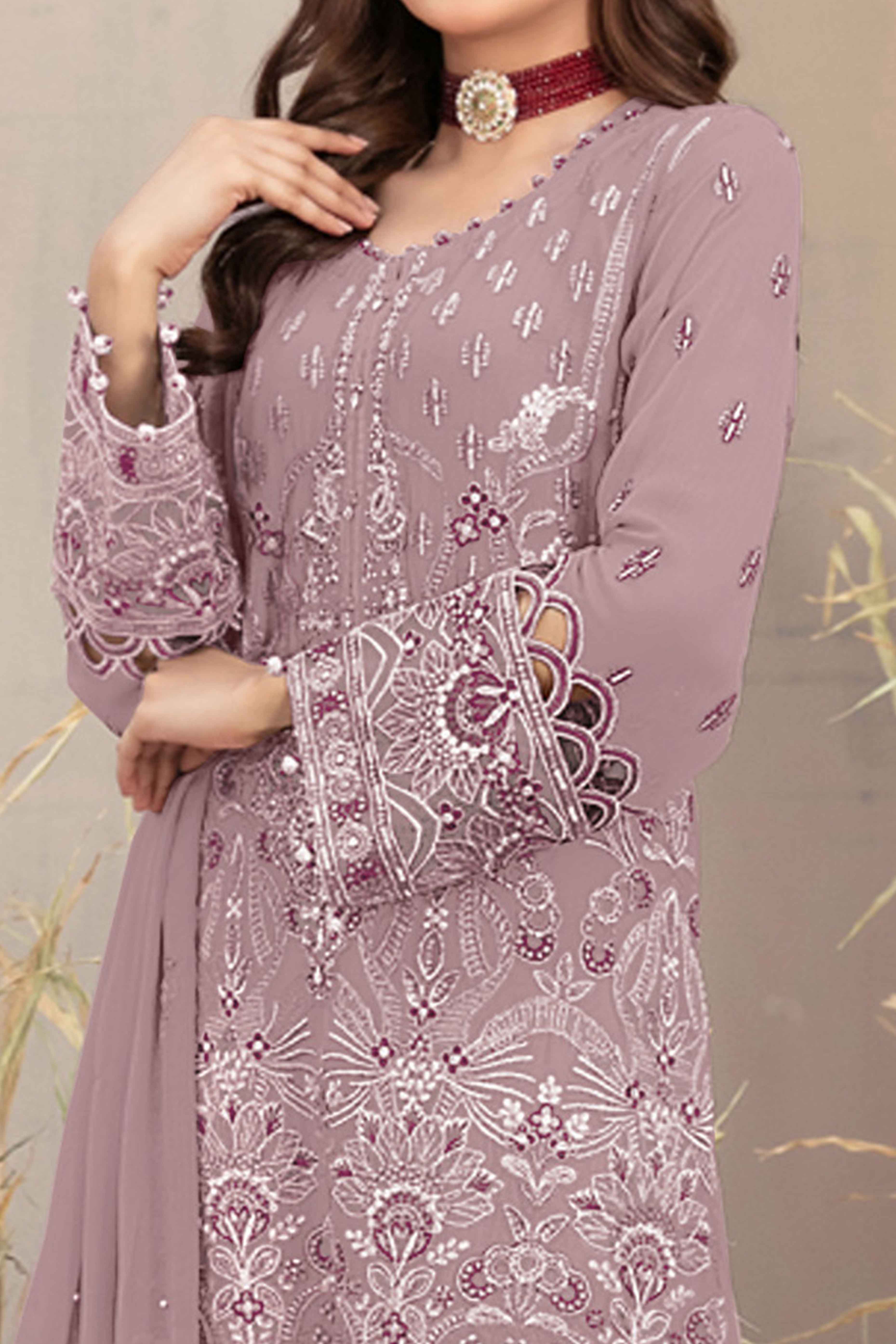 Dusty Pink Floral Embroidered Heavy Georgette Dress Material