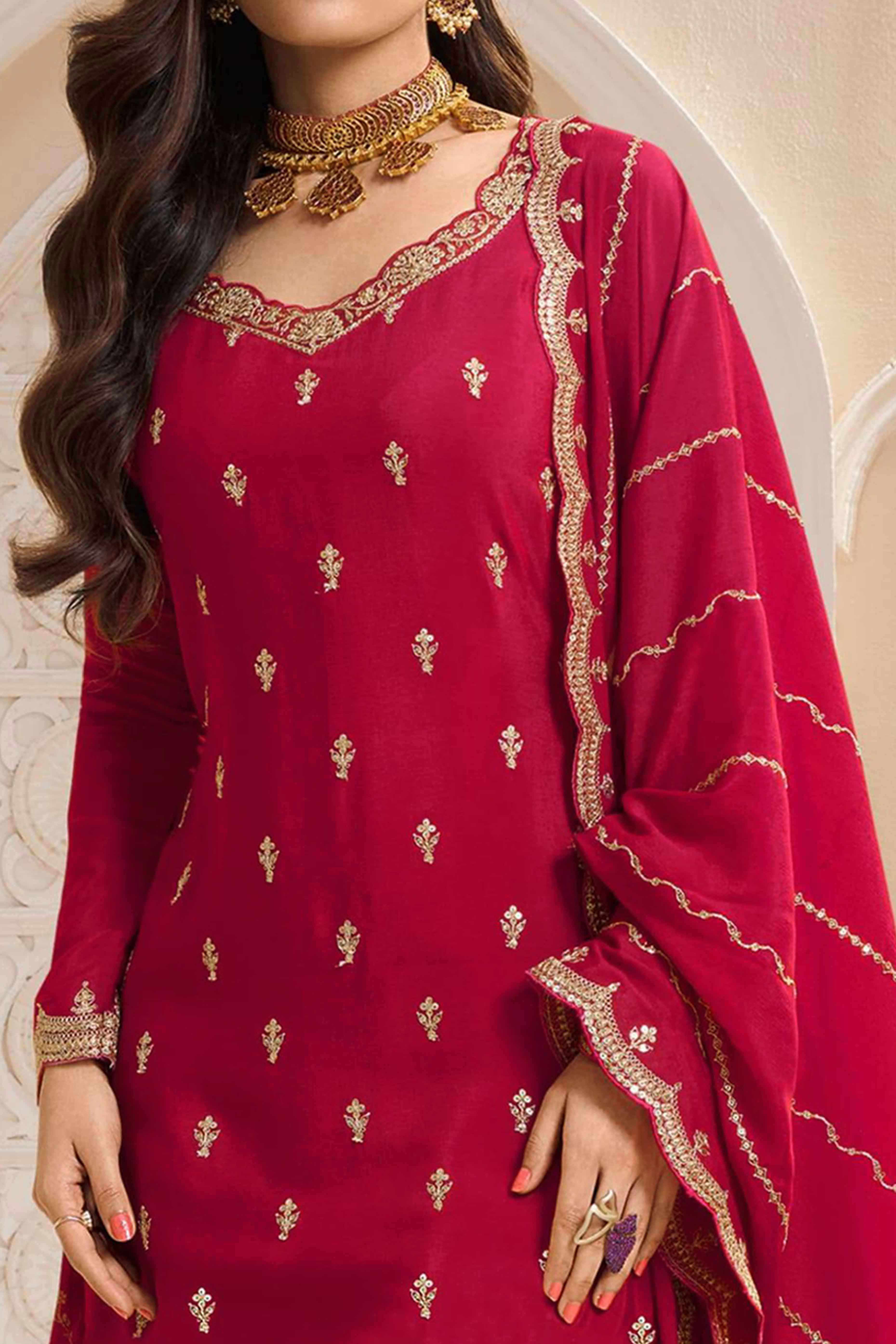 Red Floral Sequins Embroidered Chinon Palazzo Suit