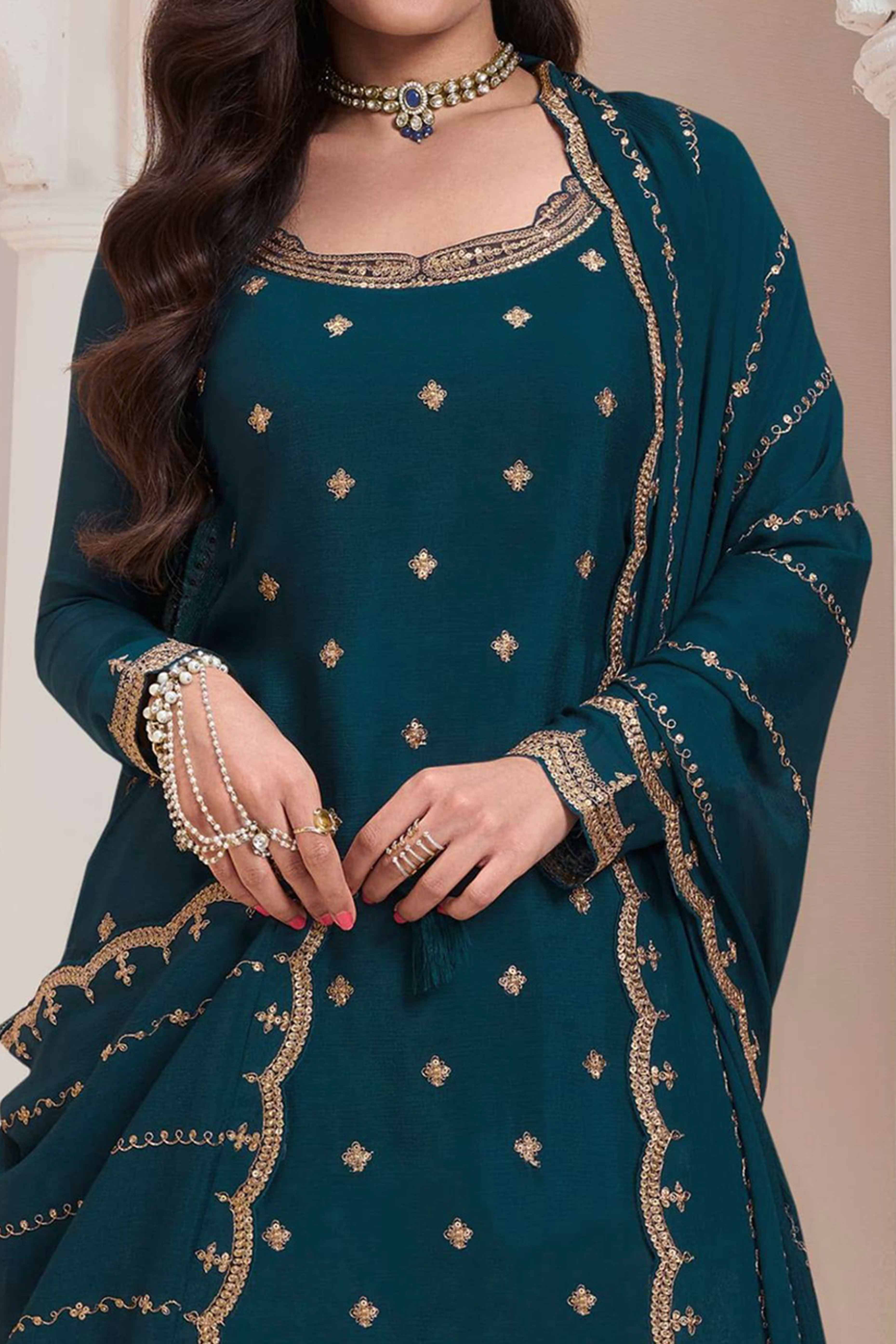 Dark Teal Floral Sequins Embroidered Chinon Palazzo Suit