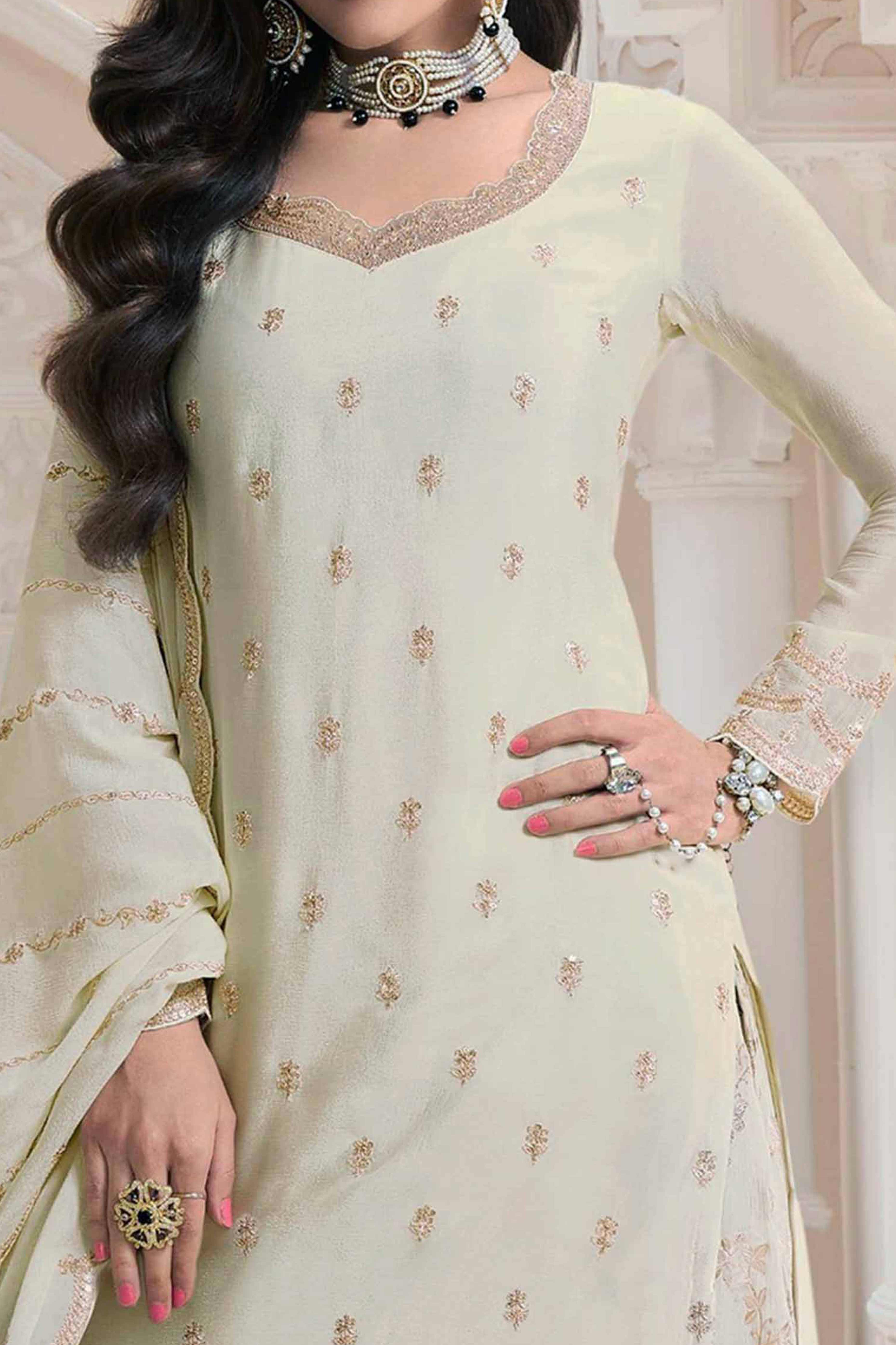 Offwhite Floral Sequins Embroidered Chinon Palazzo Suit