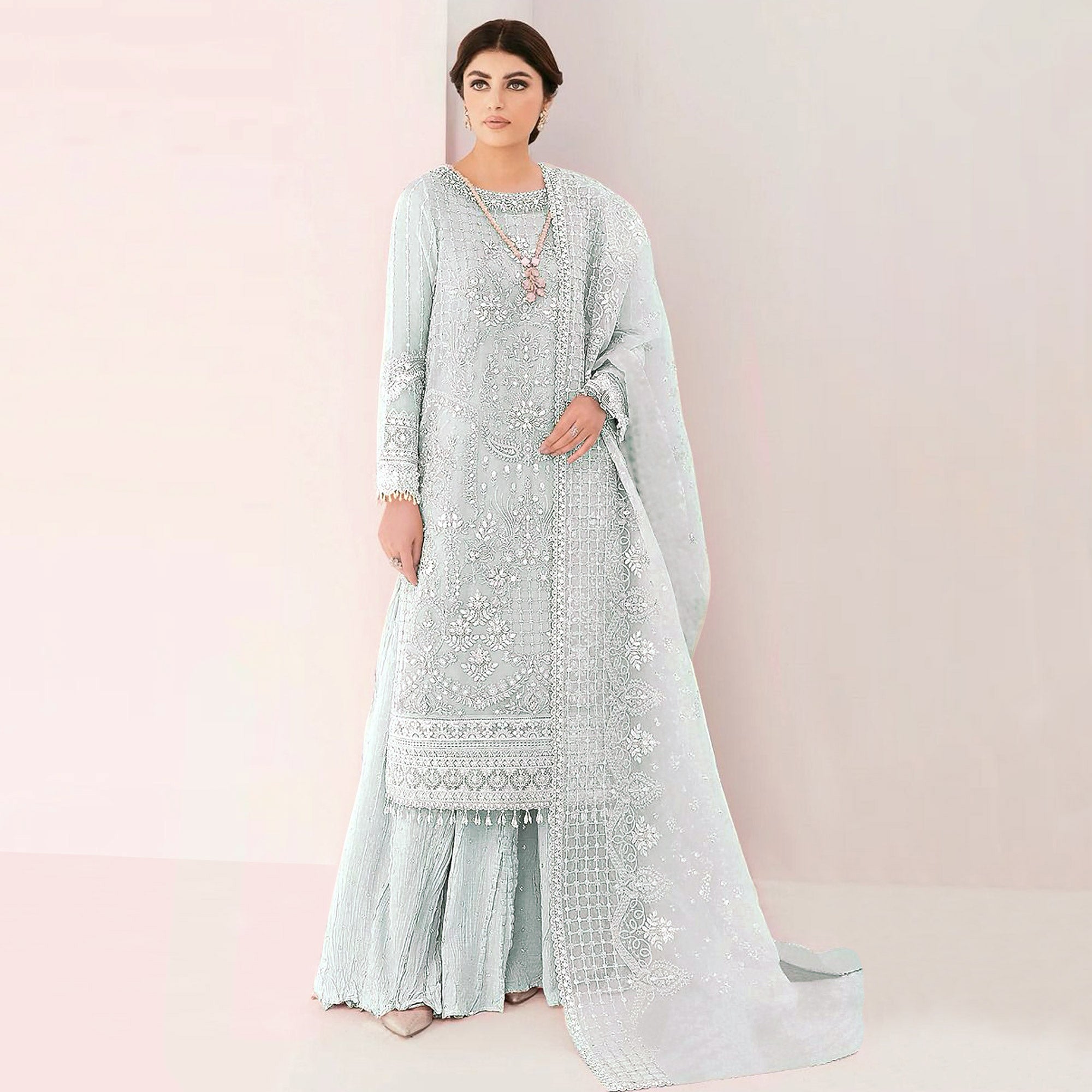 Sky Blue Sequins Embroidered Georgette Sharara Suit