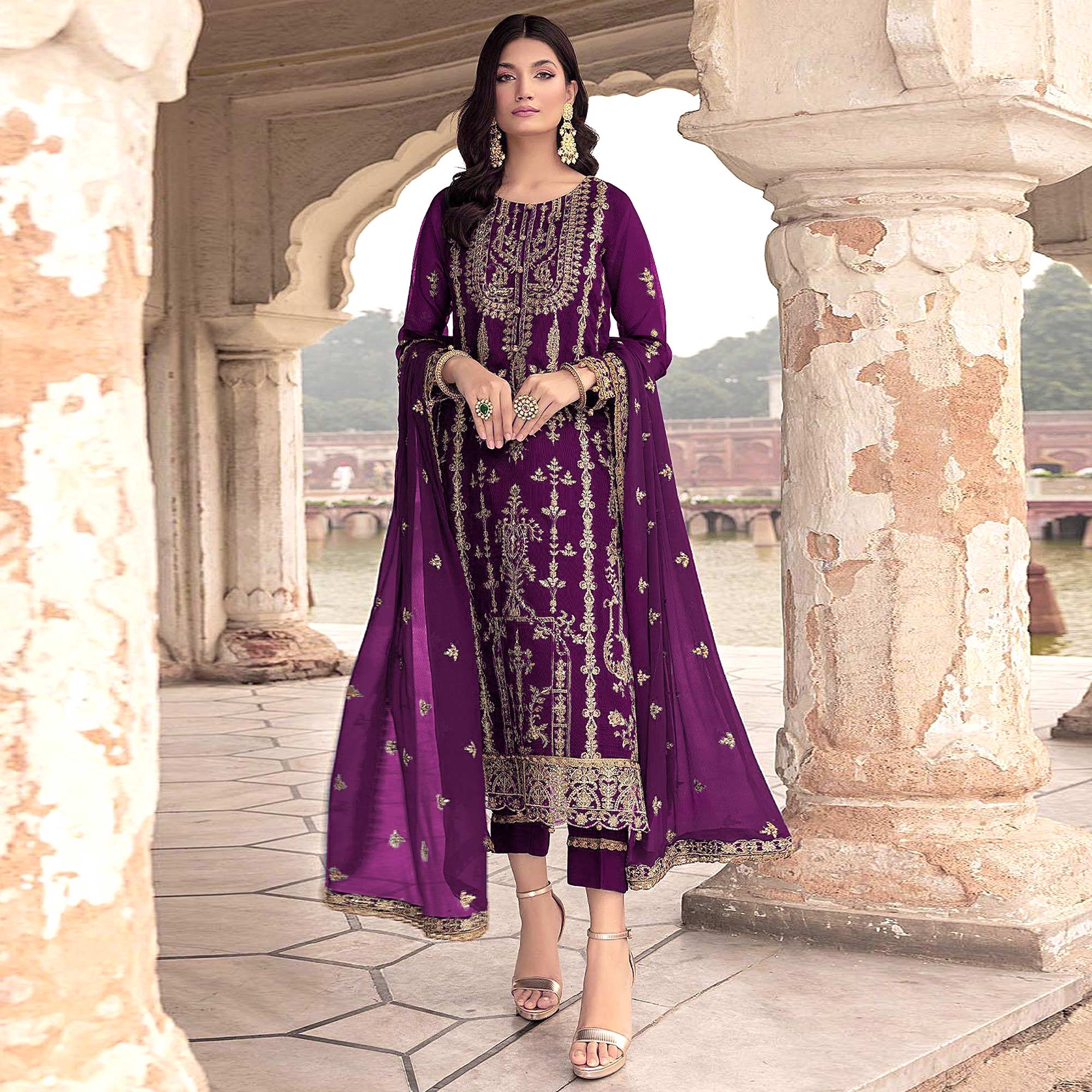 Purple Floral Sequins Embroidered Georgette Semi Stitched Suit