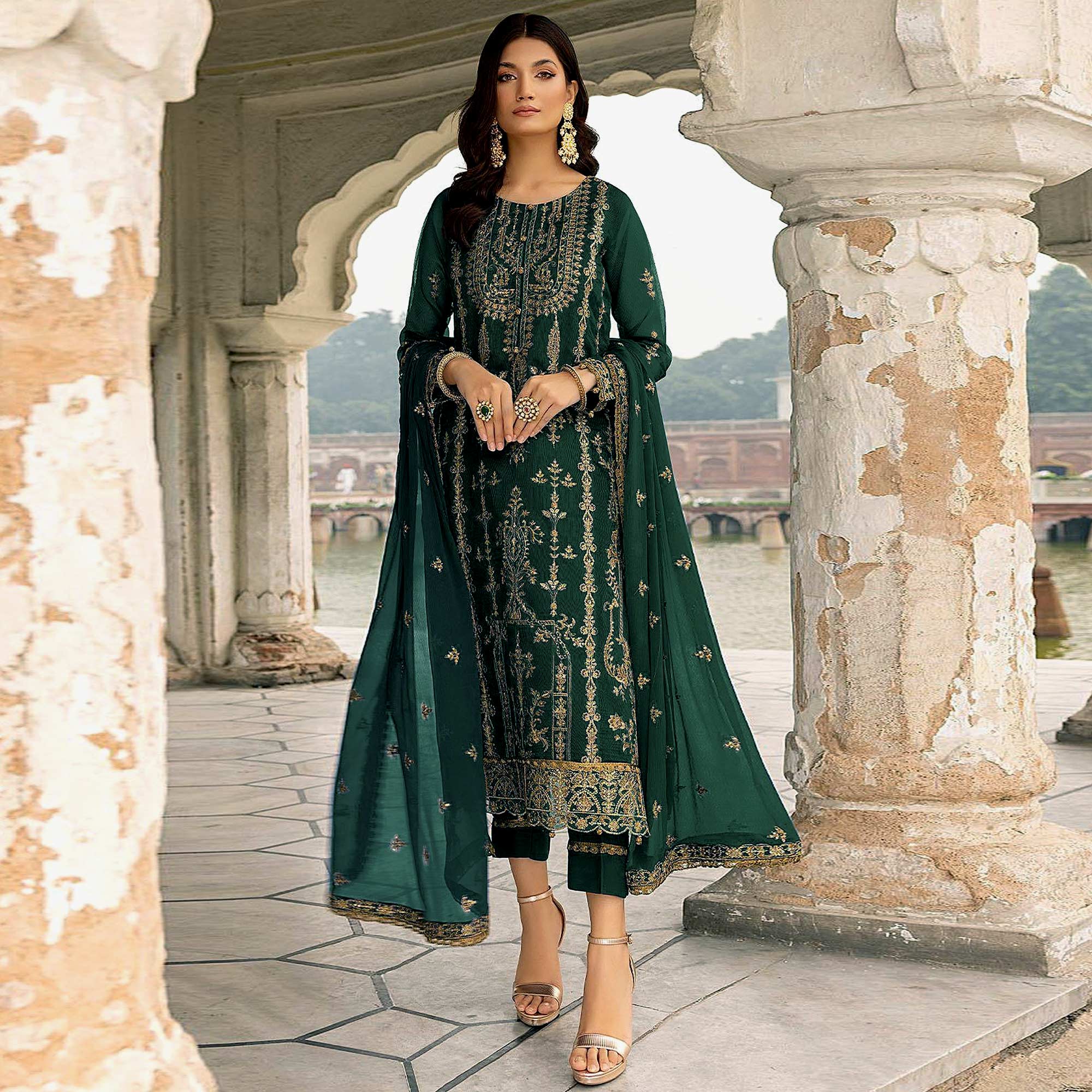 Green Floral Sequins Embroidered Georgette Semi Stitched Suit