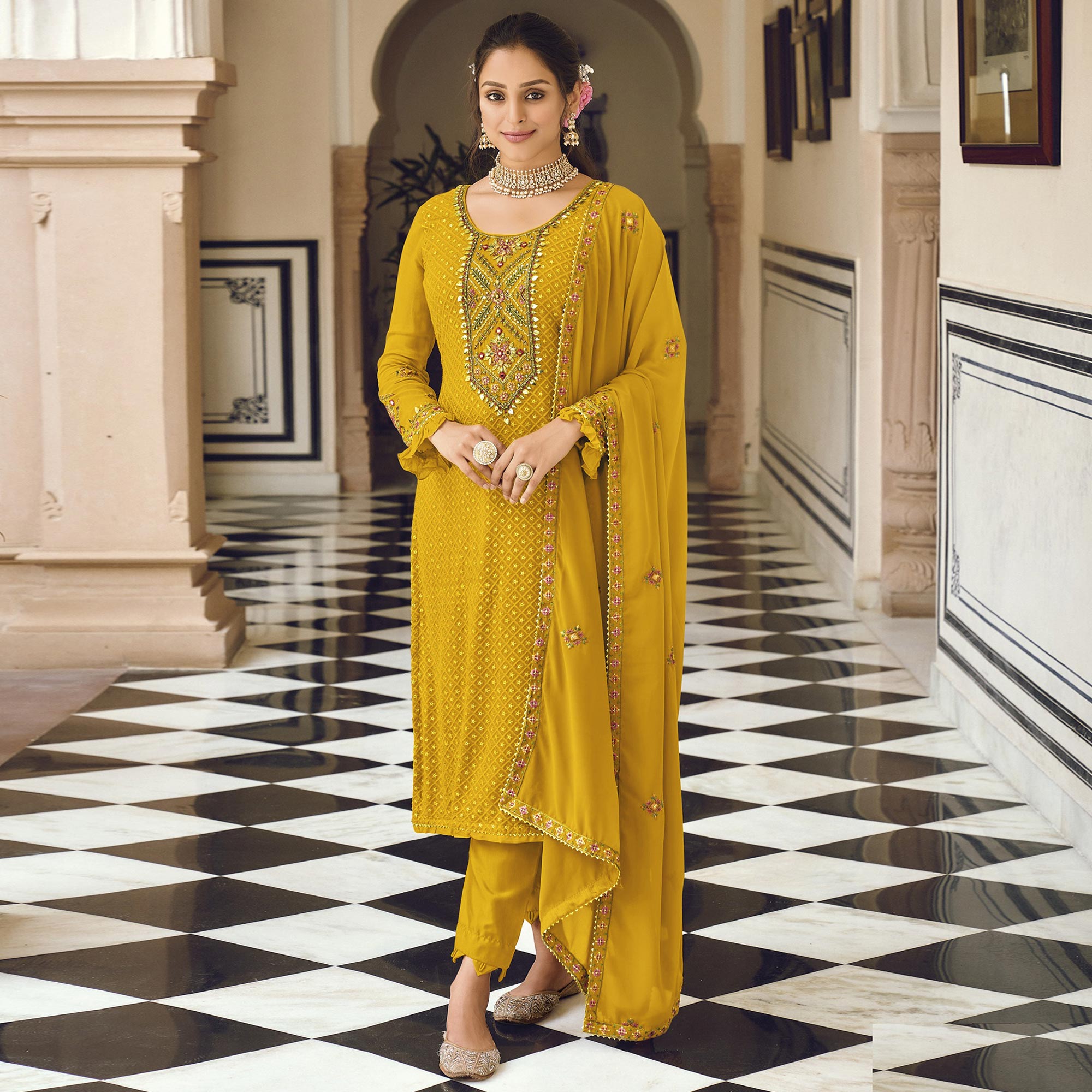 Mustard Sequins Embroidered Georgette Semi Stitched Salwar Suit