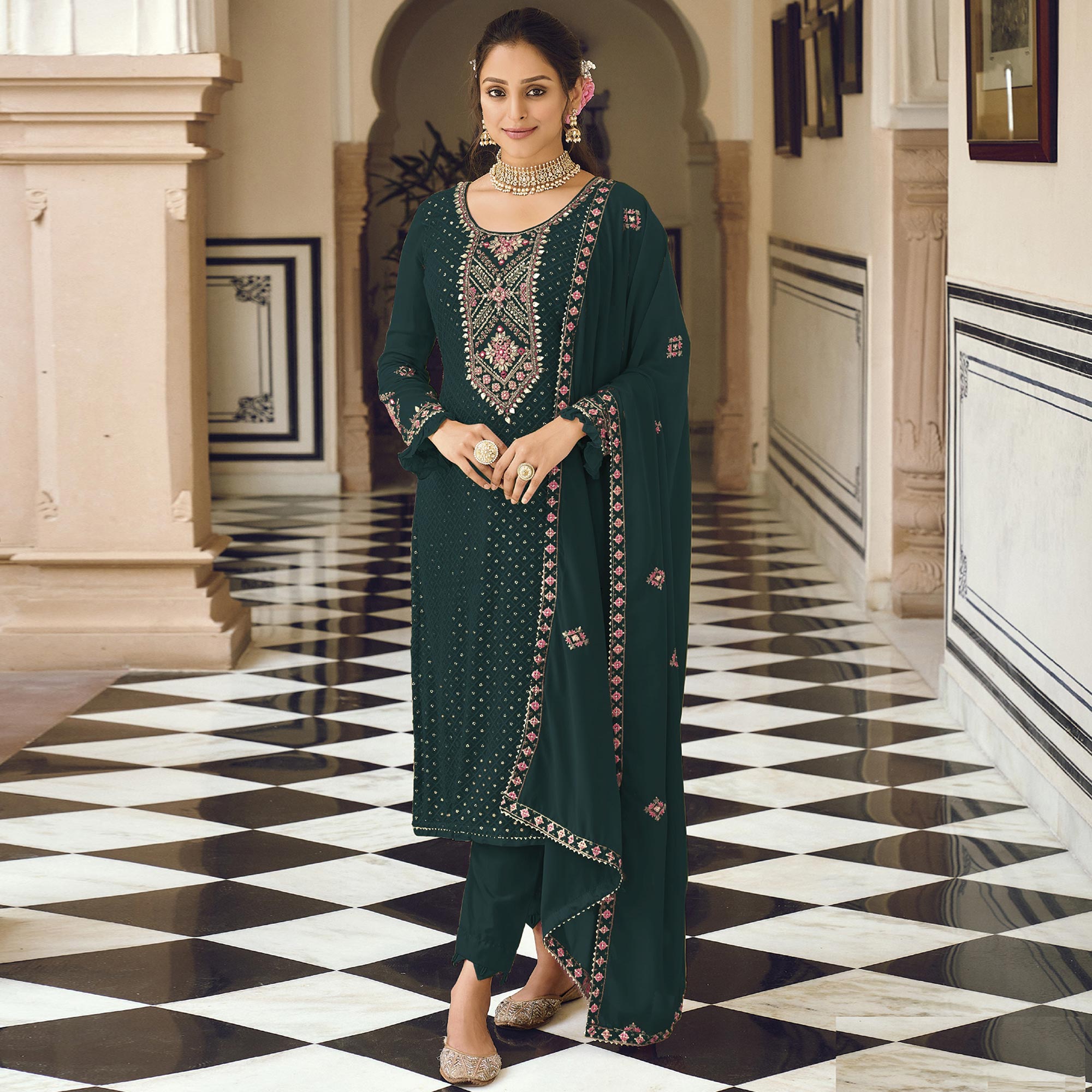 Dark Green Sequins Embroidered Georgette Semi Stitched Salwar Suit