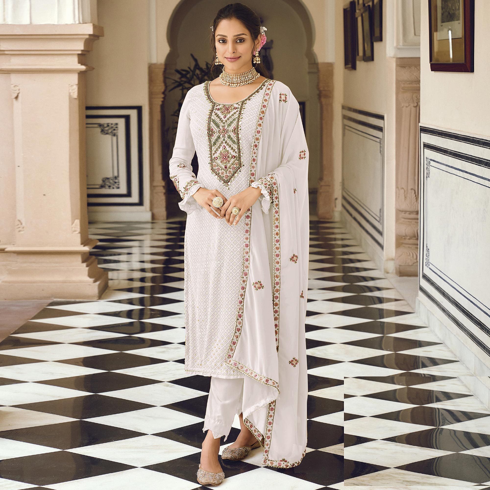 White Sequins Embroidered Georgette Semi Stitched Salwar Suit