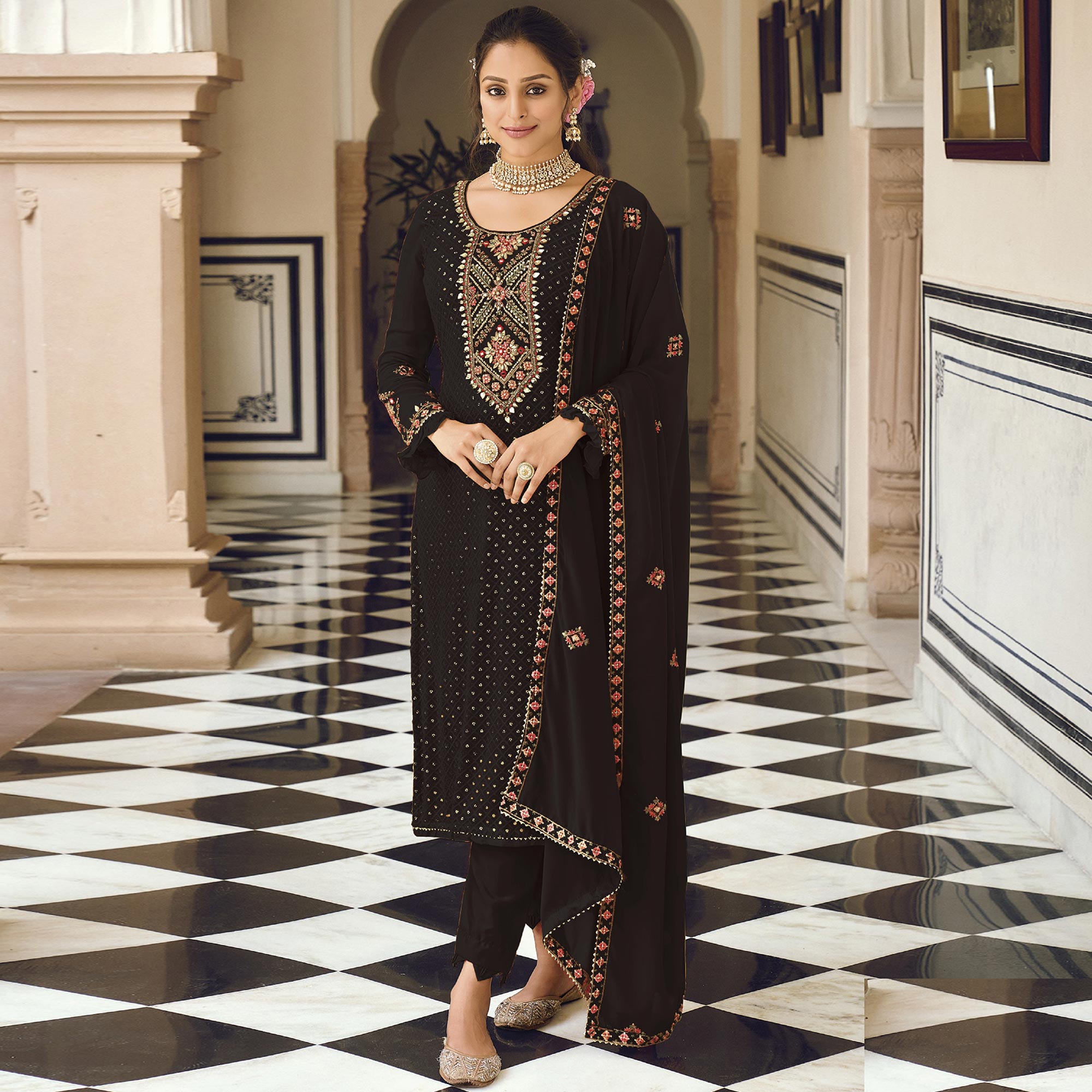 Black Sequins Embroidered Georgette Semi Stitched Salwar Suit