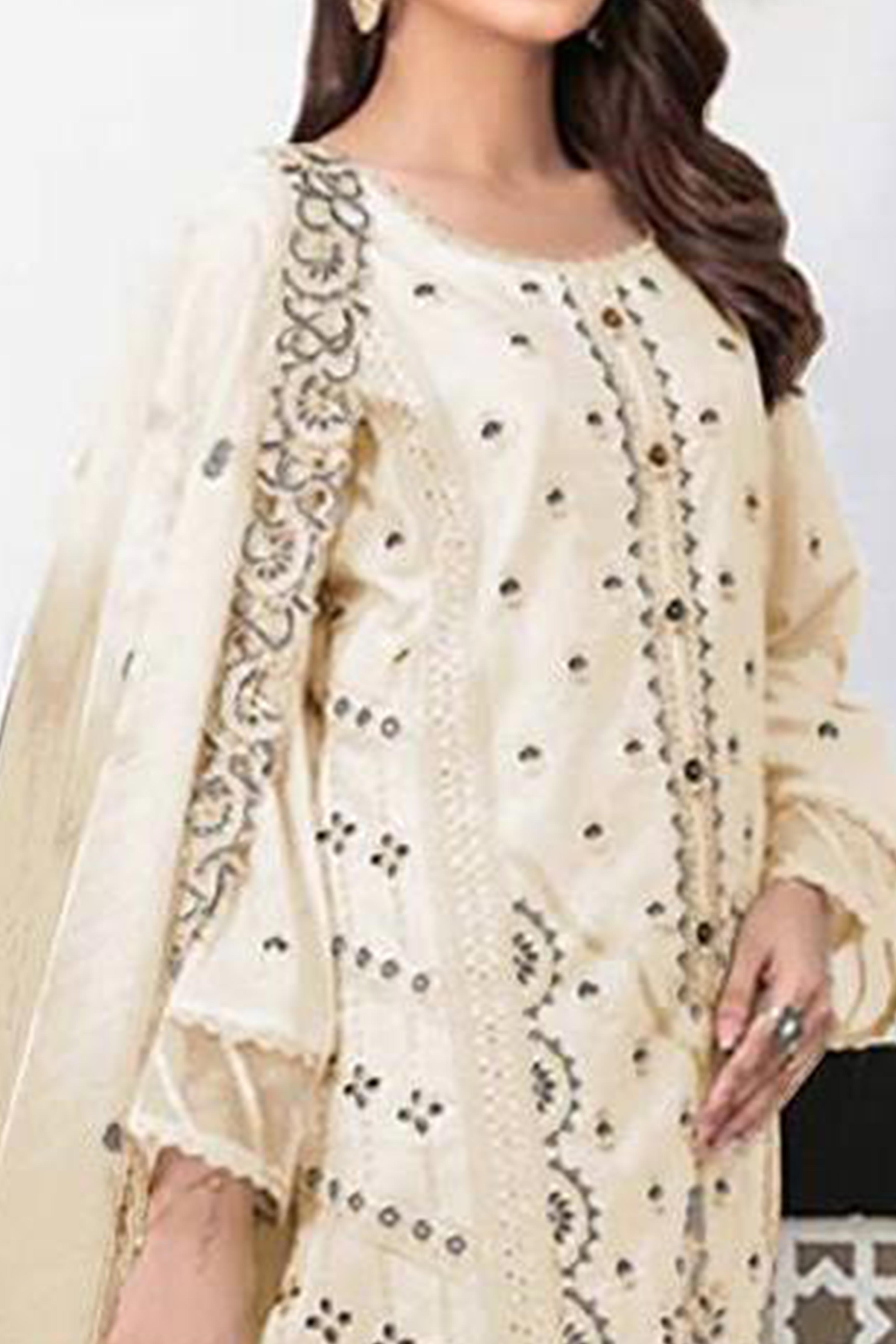 Cream Heavy Embroidered Work Georgette Dress Material
