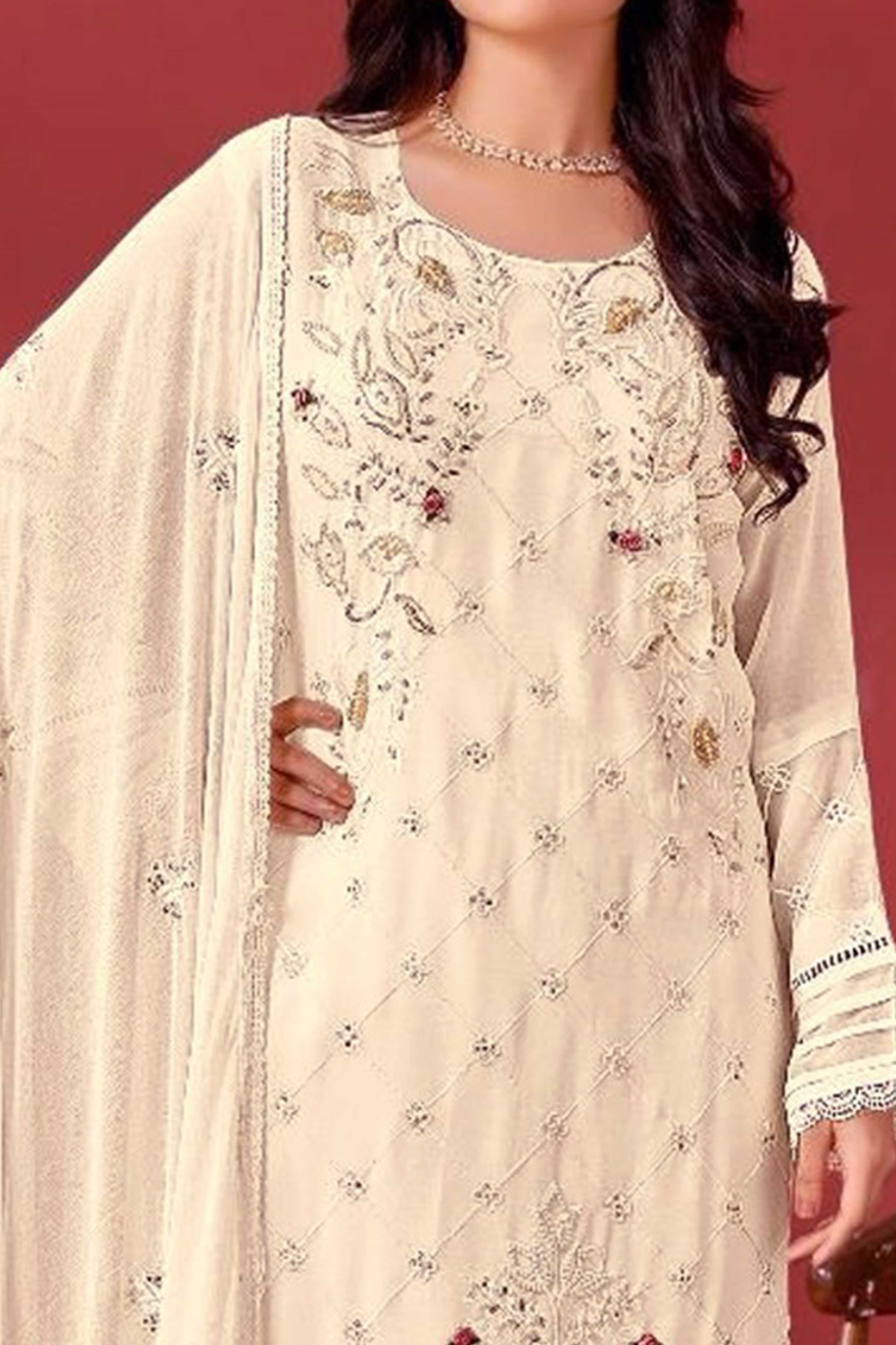 Cream Heavy Embroidered Work Georgette Dress Material