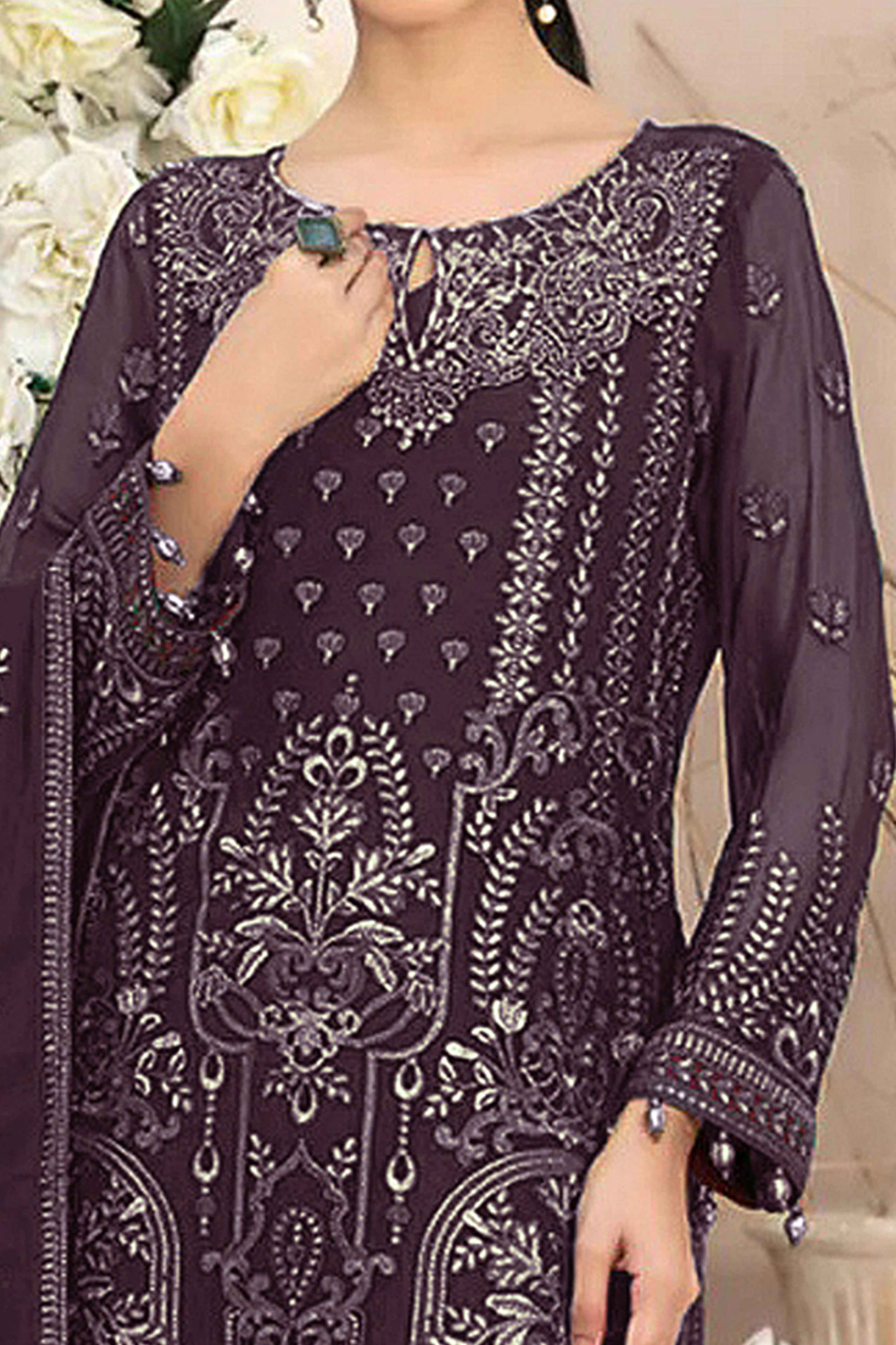 Wine Floral Embroidered Georgette Dress Material