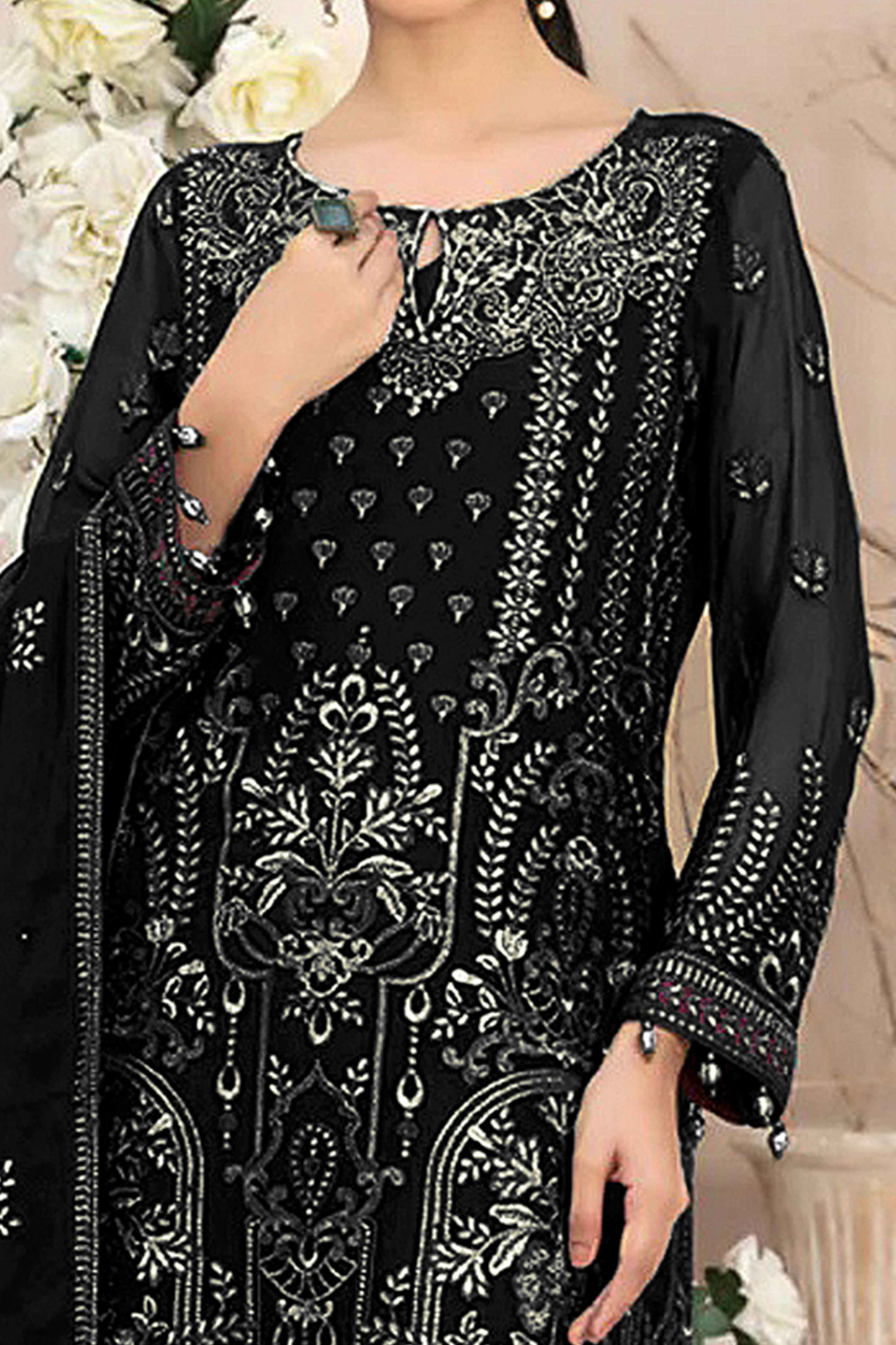 Black Floral Embroidered Georgette Dress Material