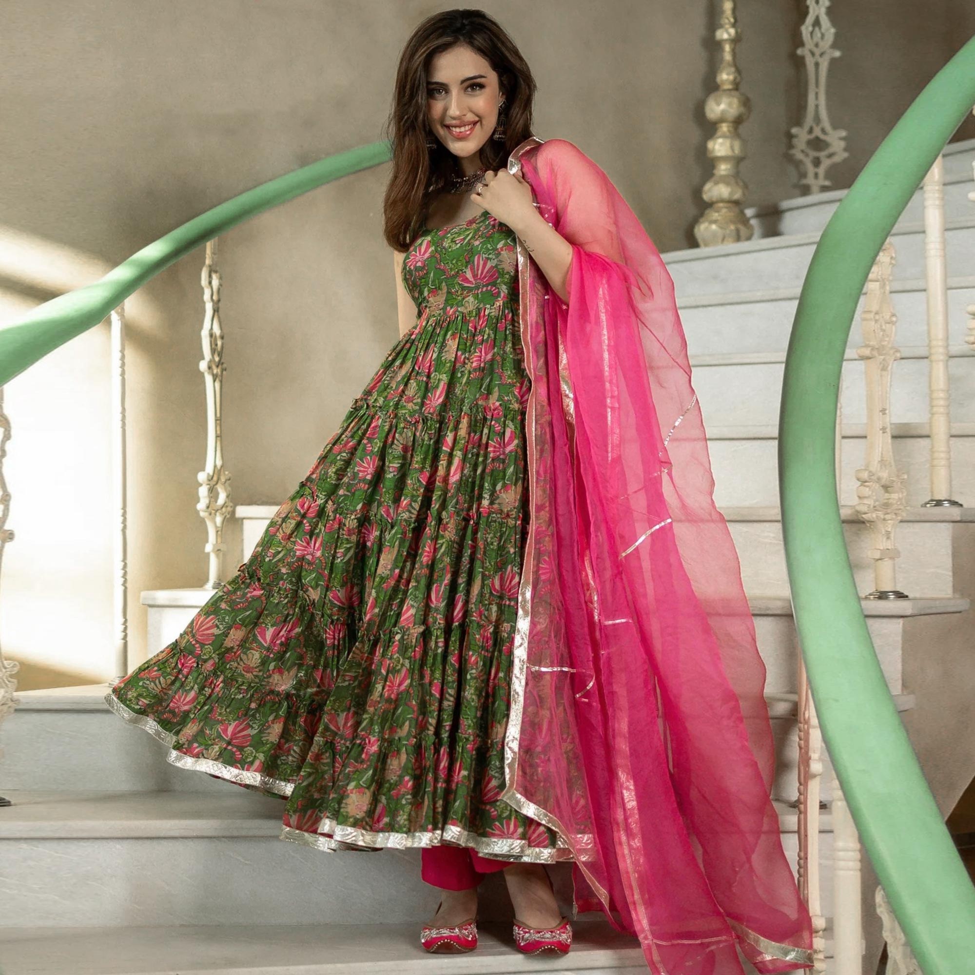 Green Floral Digital Printed Chanderi Anarkali Style Suit