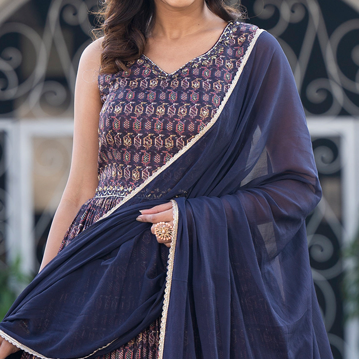 Blue Printed Dola Silk Anarkali Style Gown With Mirror Work