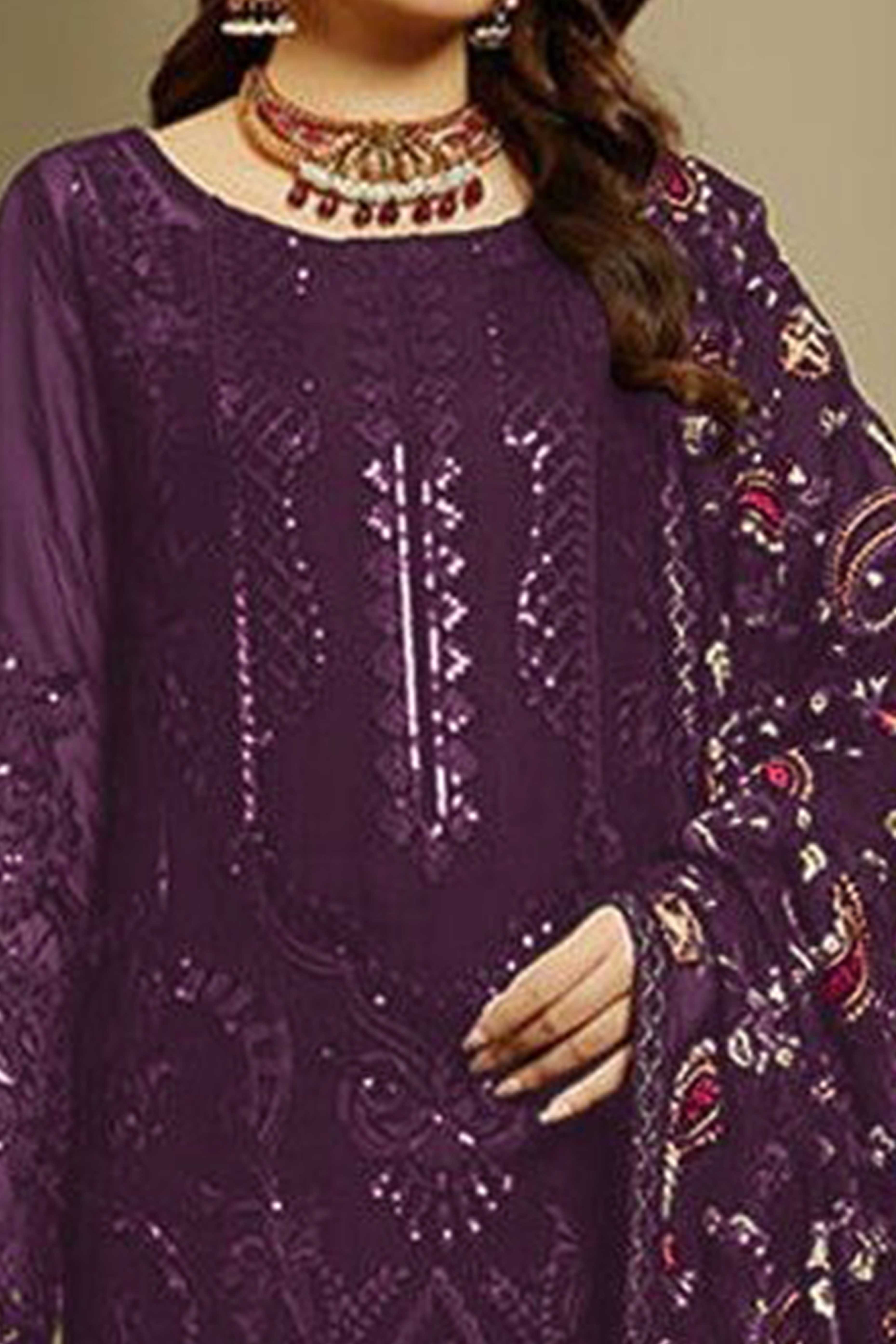 Purple Heavy Embroidered Work Georgette Dress Material