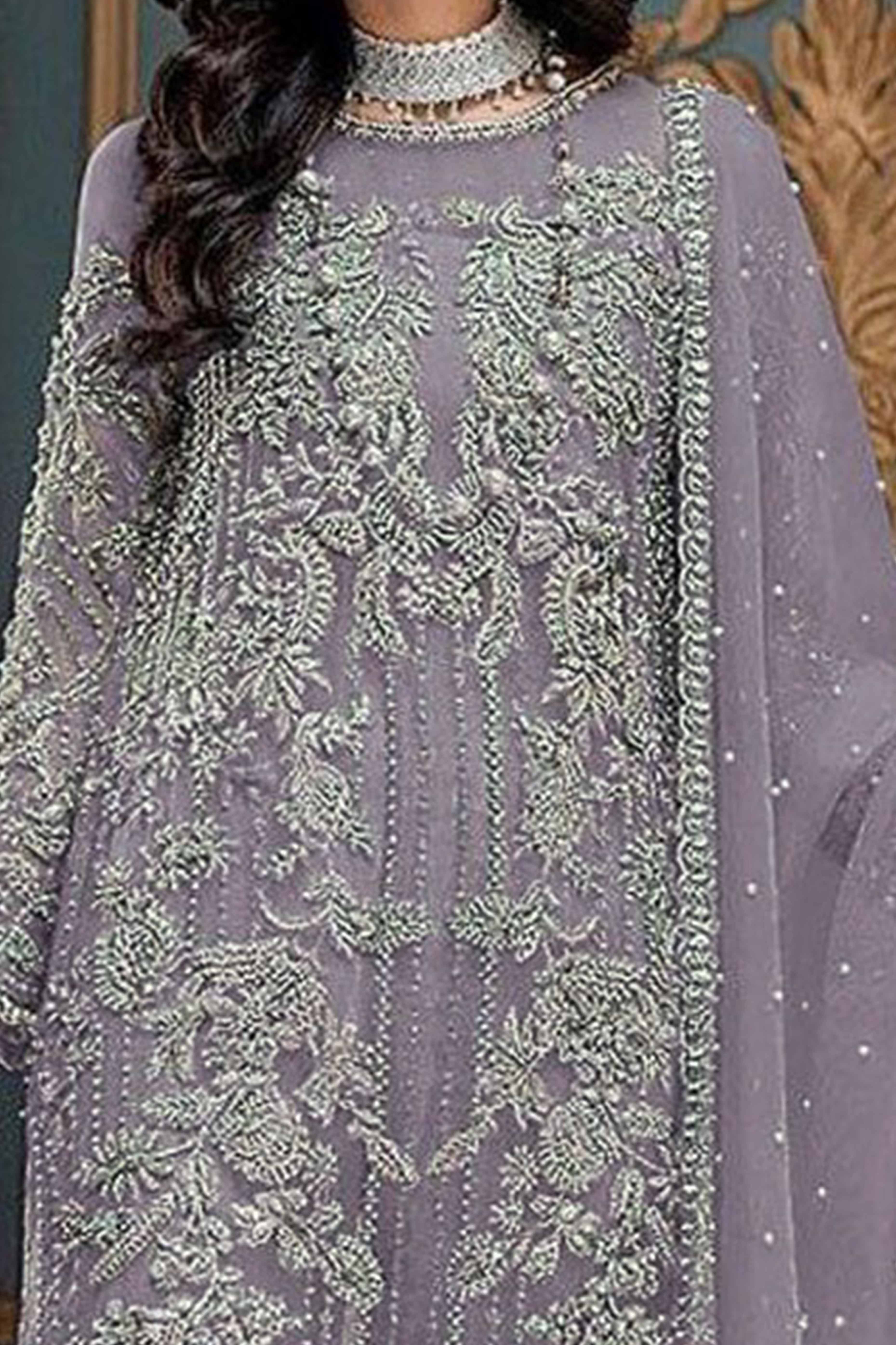 Lavender Sequins Embroidered Work Net Dress Material